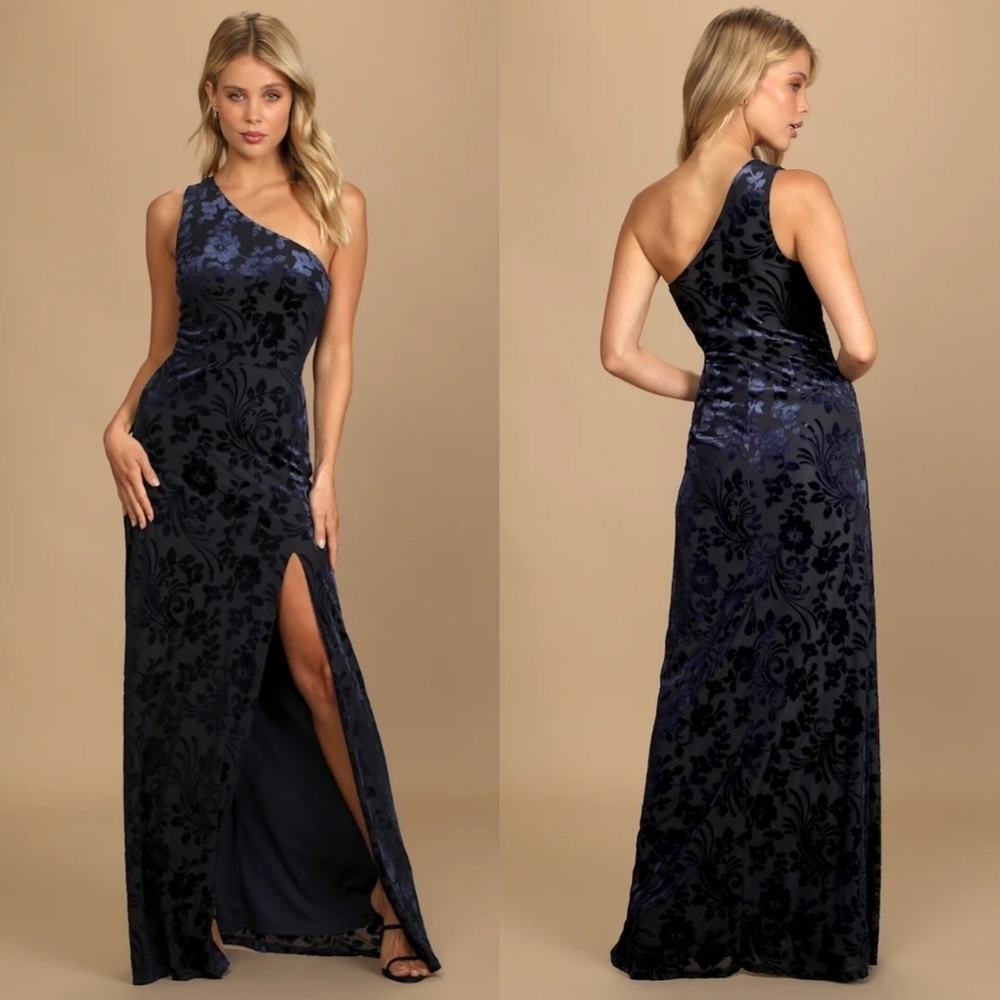 Lulus Marvelous Moi Navy Blue Burnout Velvet One-Shoulder Maxi Dress S Party